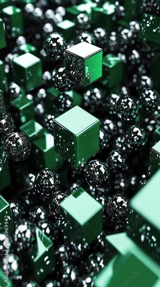 floating green cubes and reflective spheres in a futuristic matrix on dark background floating green cubes and reflective spheres in a futuristic matrix on dark background