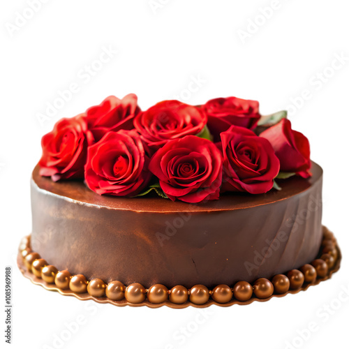 chocolate cake with red roses on transparent background