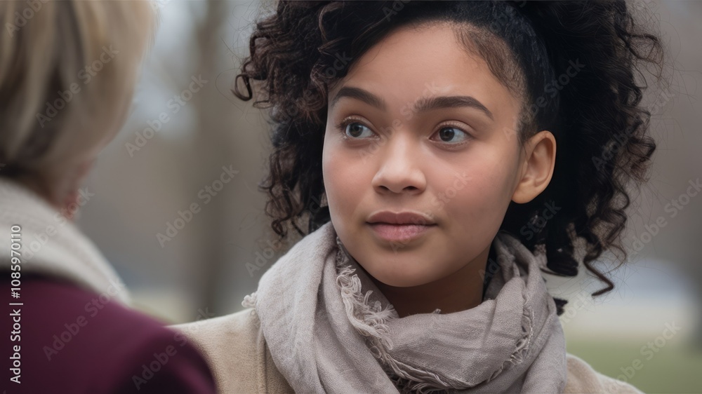 Obraz premium Empathetic Exchange: A close-up shot capturing a heartfelt moment between two women. A young woman with curly dark hair gazes intently with an expression of focused listening.