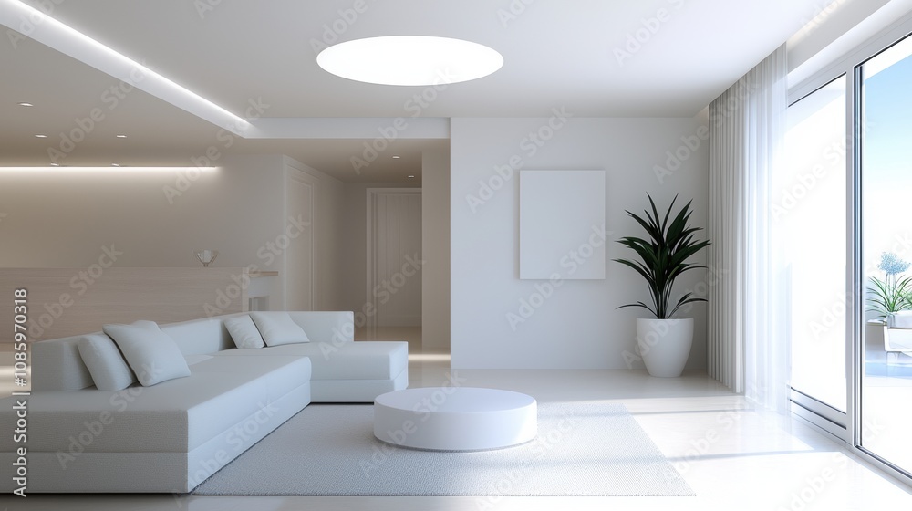 A white living room with a white couch and a white coffee table A white living room with a white couch and a white coffee table