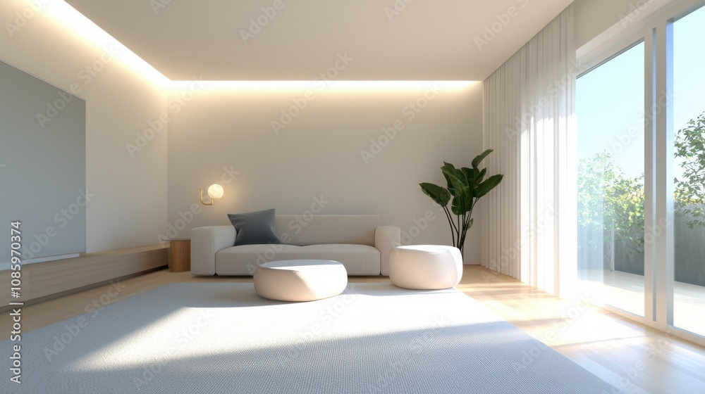 A living room with a white couch and a potted plant A living room with a white couch and a potted plant
