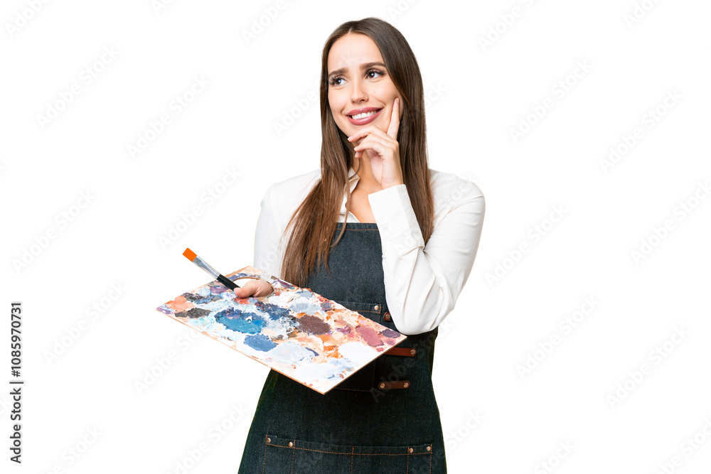 Young artist woman holding a palette over isolated chroma key background thinking an idea while looking up Young artist woman holding a palette over isolated chroma key background thinking an idea while looking up
