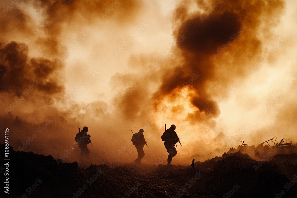 Soldiers advance through smoke and fire in a dramatic battle at dusk. Generative AI
