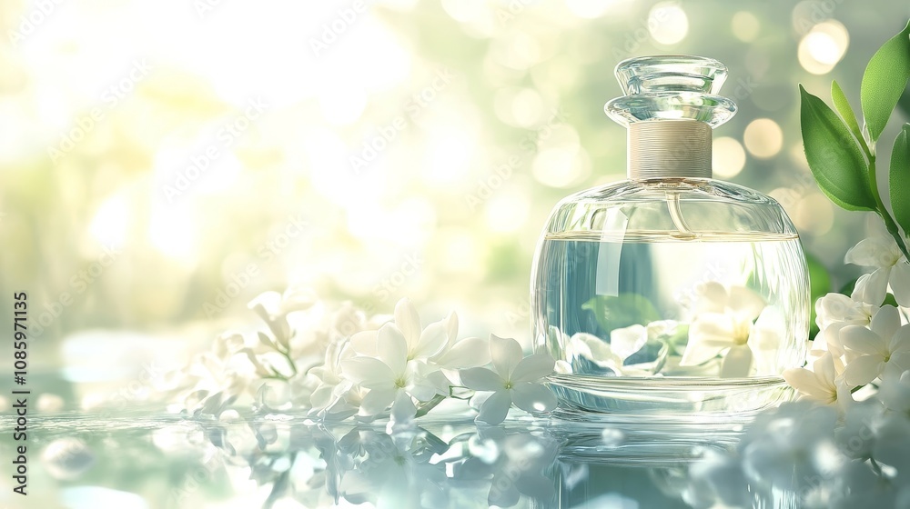 A bottle of perfume is placed on a table with a bunch of white flowers A bottle of perfume is placed on a table with a bunch of white flowers