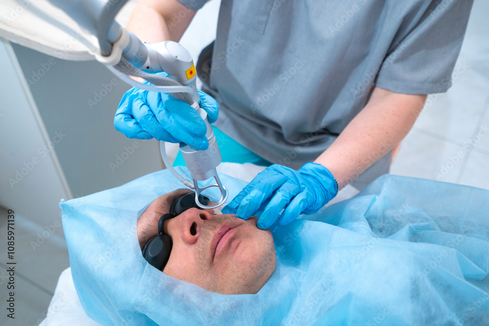 woman in a lab coat is treating a patient with a laser woman in a lab coat is treating a patient with a laser