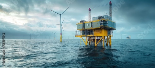 Offshore wind farm platform in the ocean with turbines generating clean energy. Concept of renewable energy, sustainability, and green technology.