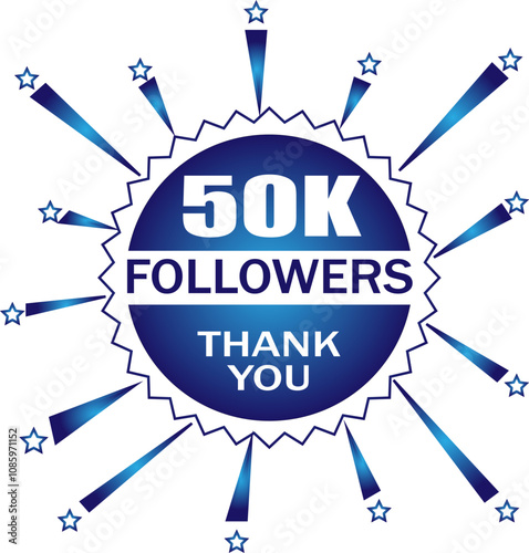 followers label badge with blue and white color theme. 
Vector greeting artwork isolated on a white background.