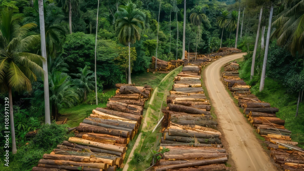 Forest Road and Logs: Aerial view captures a logging operation, showcasing stacked logs alongside a road winding through a dense, lush forest. A stark contrast between nature and industry. Forest Road and Logs: Aerial view captures a logging operation, showcasing stacked logs alongside a road winding through a dense, lush forest. A stark contrast between nature and industry.