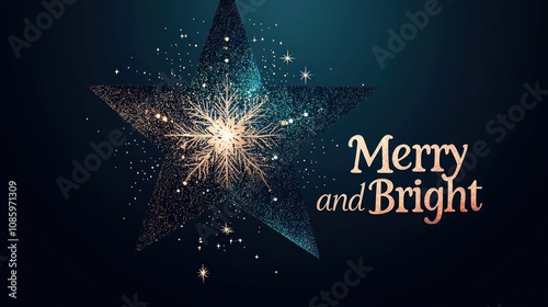 Abstract Christmas star with navy blue and rose gold gradient glow, softly illuminated against a dark backdrop, featuring "Merry and Bright" in stylish typography