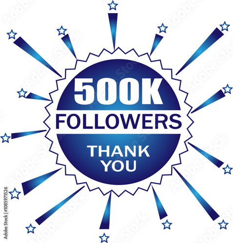 followers label badge with blue and white color theme. 
Vector greeting artwork isolated on a white background.