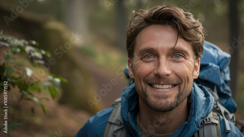 Happy Hiker: A close-up portrait of a smiling man wearing a backpack, in outdoor adventure, capturing a moment of peace amidst the beauty of the natural world.