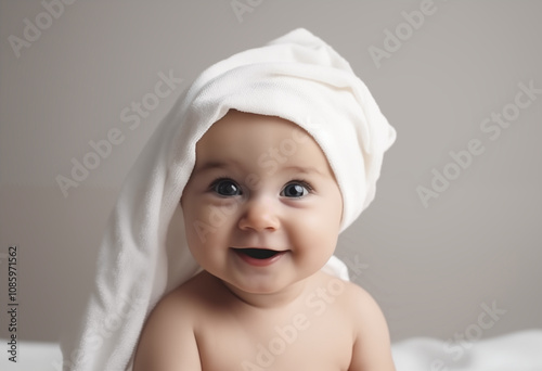 Portrait of happy smiling baby with  white towel on grey -white background, baby, toddler, small, children, cute, beauty, beautiful, bathe, isolated