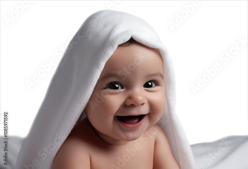 Portrait of happy smiling baby with  white towel cutout, baby, toddler, small, children, cute, beauty, beautiful, bathe, isolated png