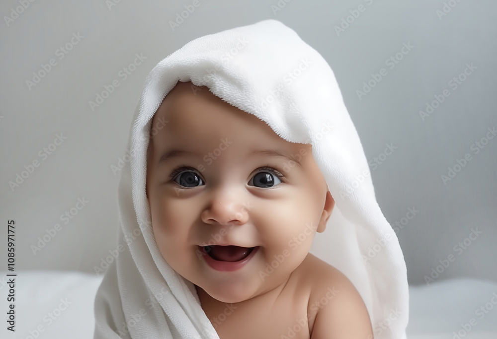 Portrait of happy smiling baby with white towel on grey -white background, baby, toddler, small, children, cute, beauty, beautiful, bathe, isolated Portrait of happy smiling baby with white towel on grey -white background, baby, toddler, small, children, cute, beauty, beautiful, bathe, isolated
