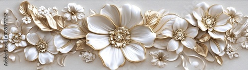 A gold and white floral design with a white background