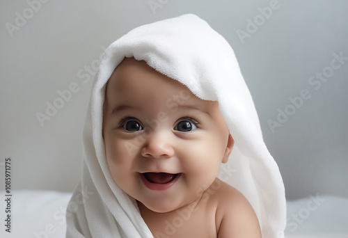 Portrait of happy smiling baby with  white towel on grey -white background, baby, toddler, small, children, cute, beauty, beautiful, bathe, isolated