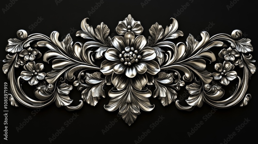 A silver flower design is shown in a black background A silver flower design is shown in a black background