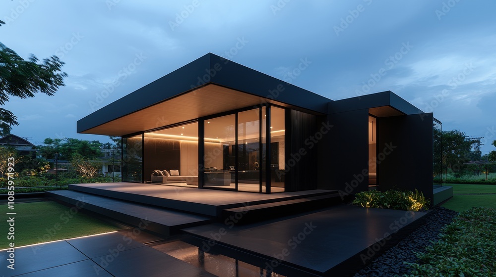 A black house with a large glass window and a balcony A black house with a large glass window and a balcony