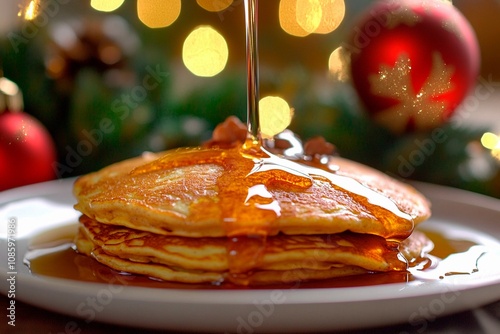 Delightful stack of pancakes drizzled with syrup during festive holiday celebration. Generative AI photo