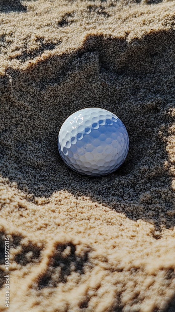 Golf Ball In Sand Trap: Close Up Of Dimpled Sphere Golf Ball In Sand Trap: Close Up Of Dimpled Sphere