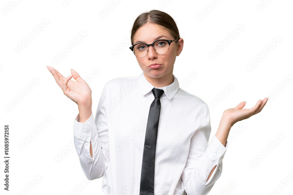 Young business caucasian woman over isolated background having doubts while raising hands Young business caucasian woman over isolated background having doubts while raising hands