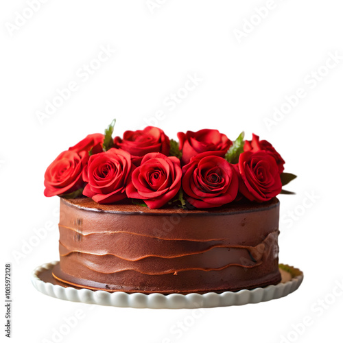 chocolate cake with red roses on transparent background