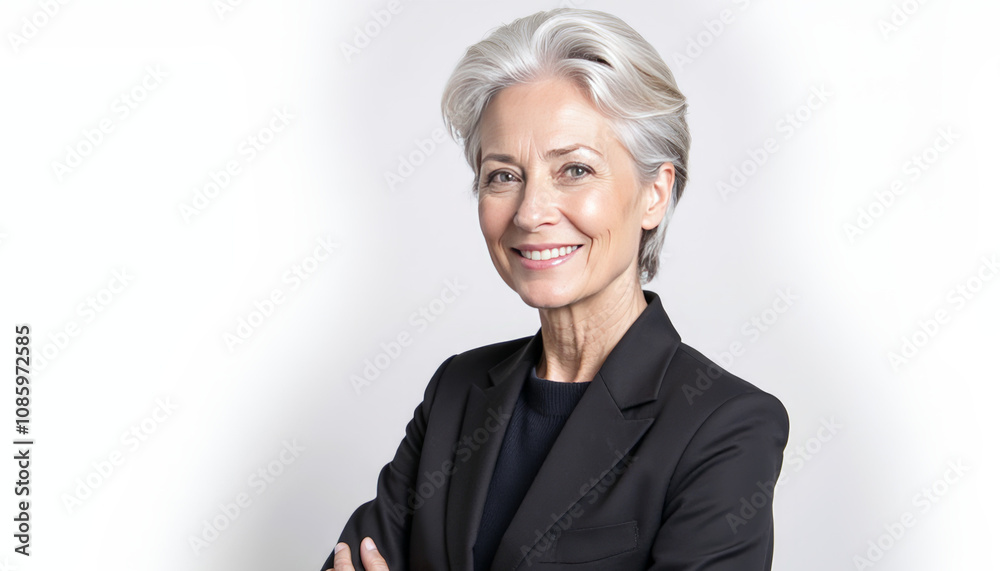 Smiling confident middle aged business woman standing isolated on white background. Smiling confident middle aged business woman standing isolated on white background.