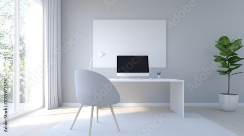 A white computer desk with a chair and a potted plant