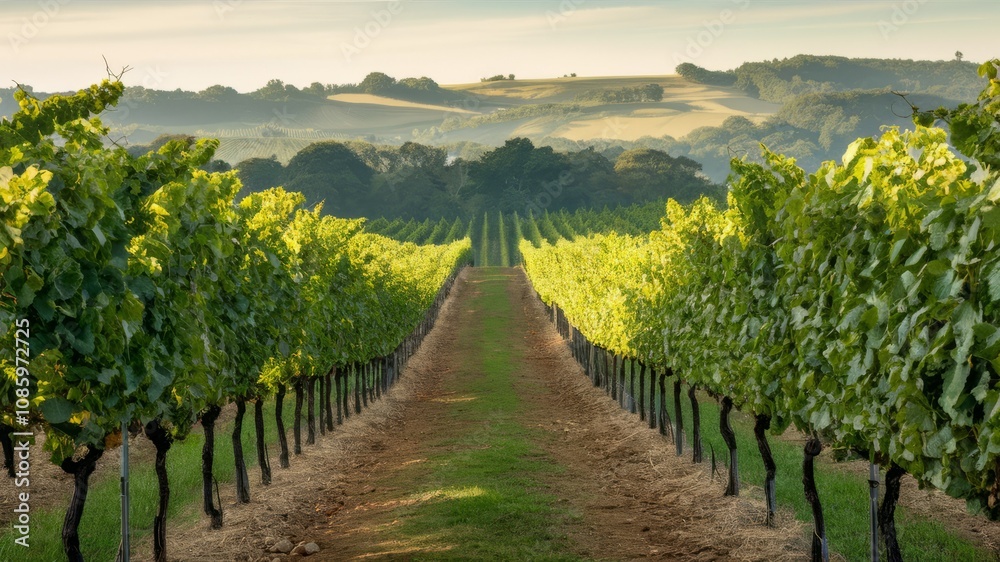 Fototapeta premium Vineyard Pathway: A picturesque path winds through rows of lush green grapevines, leading to a breathtaking vista of rolling hills in the distance. Golden sunlight filters through the leaves.