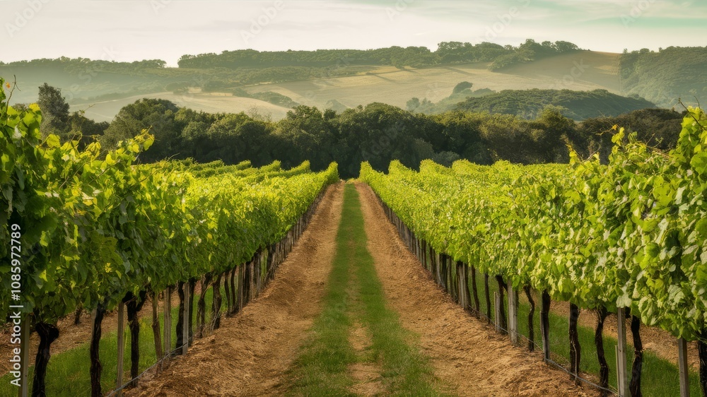 Vineyard Pathway: Rows of verdant grapevines stretch out in a breathtaking panorama, leading the eye down a meandering path towards a picturesque horizon. Vineyard Pathway: Rows of verdant grapevines stretch out in a breathtaking panorama, leading the eye down a meandering path towards a picturesque horizon.