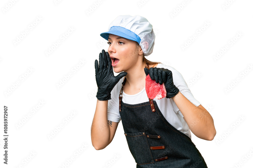 Butcher woman wearing an apron and serving fresh cut meat over isolated chroma key background shouting with mouth wide open to the side Butcher woman wearing an apron and serving fresh cut meat over isolated chroma key background shouting with mouth wide open to the side
