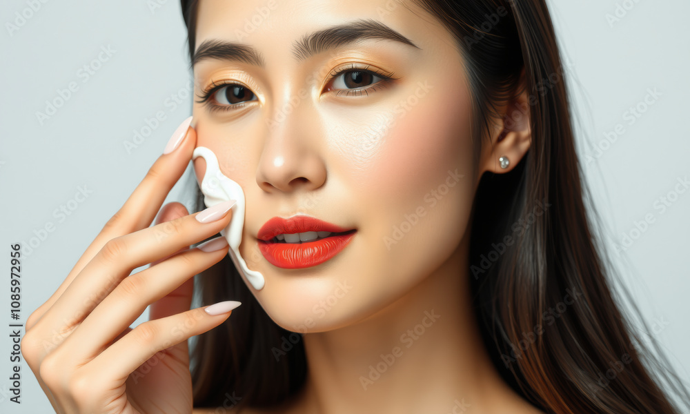 woman applying white cream to her face, showcasing skincare routine and beauty. Her makeup is elegant, with focus on her lips and skin woman applying white cream to her face, showcasing skincare routine and beauty. Her makeup is elegant, with focus on her lips and skin