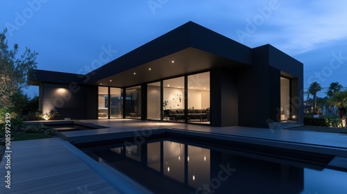 A large black house with a pool and a patio