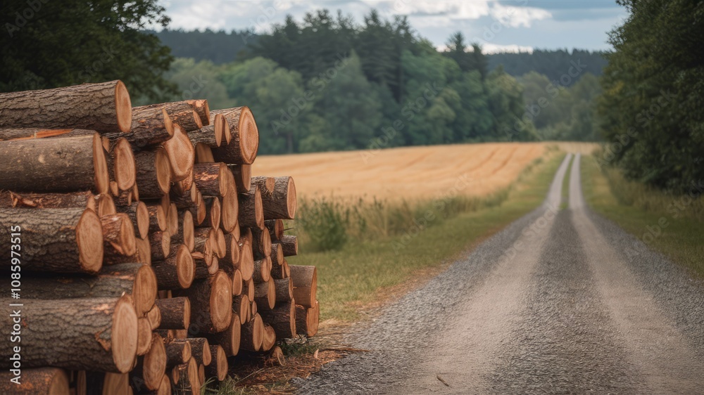 Harvest Trail: Logs stacked alongside a country road leading to a cultivated field, symbolizing industry, growth, and the intersection of nature and human endeavor. Harvest Trail: Logs stacked alongside a country road leading to a cultivated field, symbolizing industry, growth, and the intersection of nature and human endeavor.