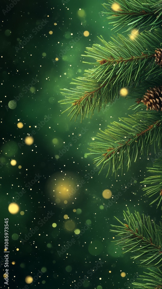 This closeup of vibrant pine branches with sparkling bokeh lights creates a warm, festive ambiance, capturing the essence of joyful holiday themes and cheerful celebrations this season This closeup of vibrant pine branches with sparkling bokeh lights creates a warm, festive ambiance, capturing the essence of joyful holiday themes and cheerful celebrations this season