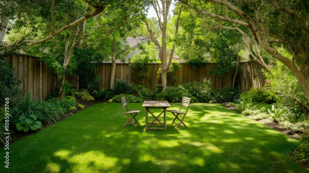 A Moment of Serenity: A tranquil backyard scene featuring a small table and two chairs beneath the dappled shade of mature trees, with a neatly trimmed lawn. A Moment of Serenity: A tranquil backyard scene featuring a small table and two chairs beneath the dappled shade of mature trees, with a neatly trimmed lawn.