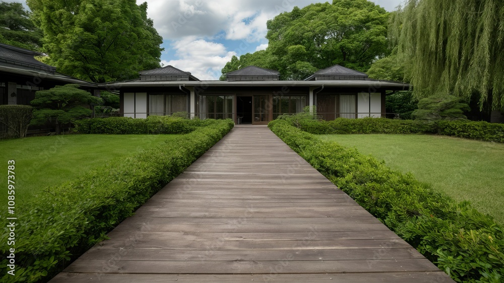 Japanese Garden House: Serene scene of a traditional Japanese house nestled within a meticulously landscaped garden. A wooden path guides the eye toward the inviting entrance. Japanese Garden House: Serene scene of a traditional Japanese house nestled within a meticulously landscaped garden. A wooden path guides the eye toward the inviting entrance.