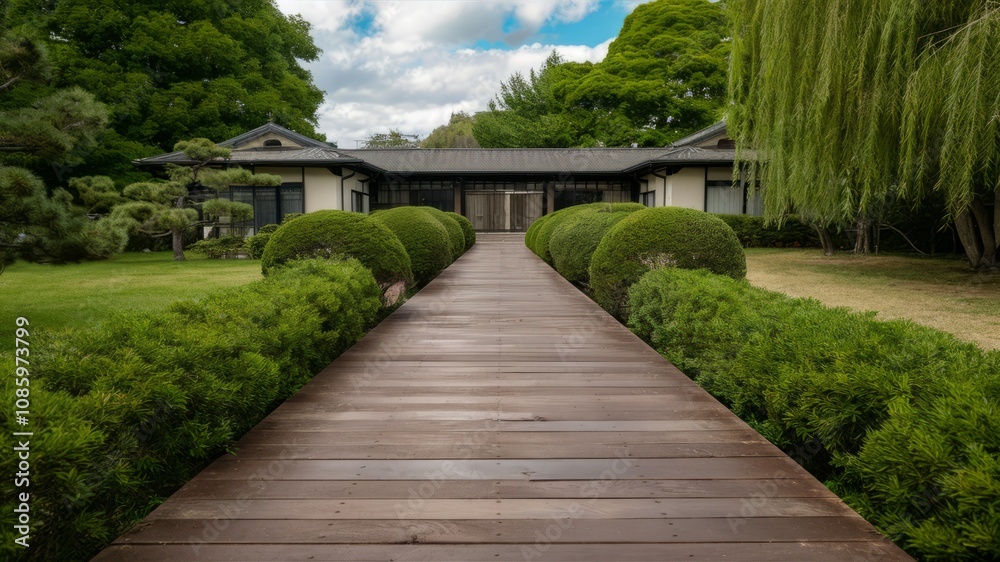 Zen Garden Path to serenity: capturing a harmonious blend of architecture and nature, a wooden walkway leads toward a tranquil traditional building. Zen Garden Path to serenity: capturing a harmonious blend of architecture and nature, a wooden walkway leads toward a tranquil traditional building.