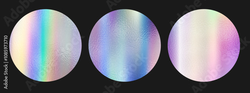 Three colorful neon stickers, blank templates, label with holographic effect. Shiny rainbow round emblems with rough texture. Mockup for shopping icons. Gradient hologram. Vector EPS10