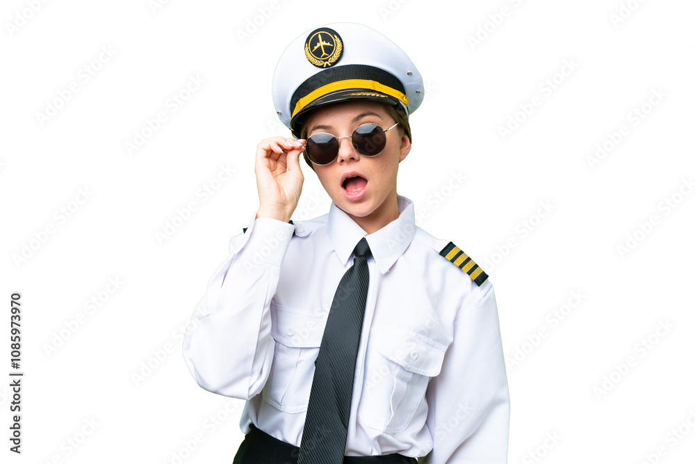 Airplane pilot woman over isolated chroma key background with glasses and surprised Airplane pilot woman over isolated chroma key background with glasses and surprised