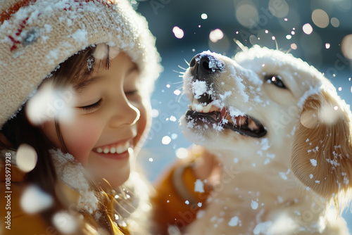 Cute little girl goofing around and playing with their pet, a dog, in the snow, on a bright sunny day. Atmosphere of fun, bright emotions. Children and dog are happy.  photo