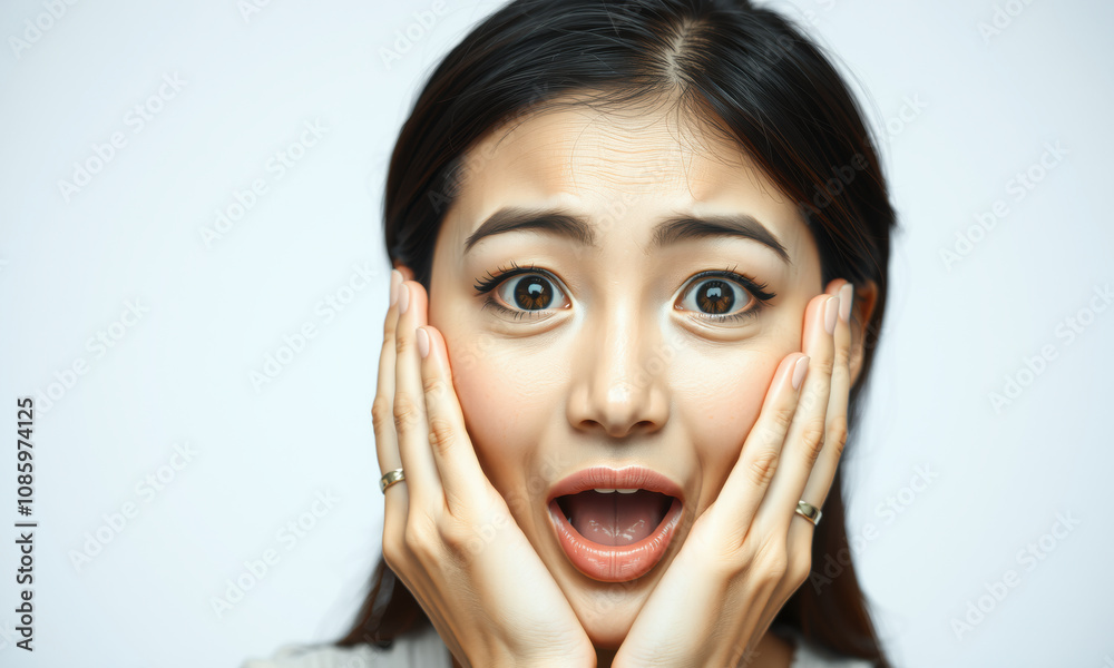 Surprised woman with wide eyes and hands on face expressing shock and disbelief. Emotional reaction captured in close up portrait