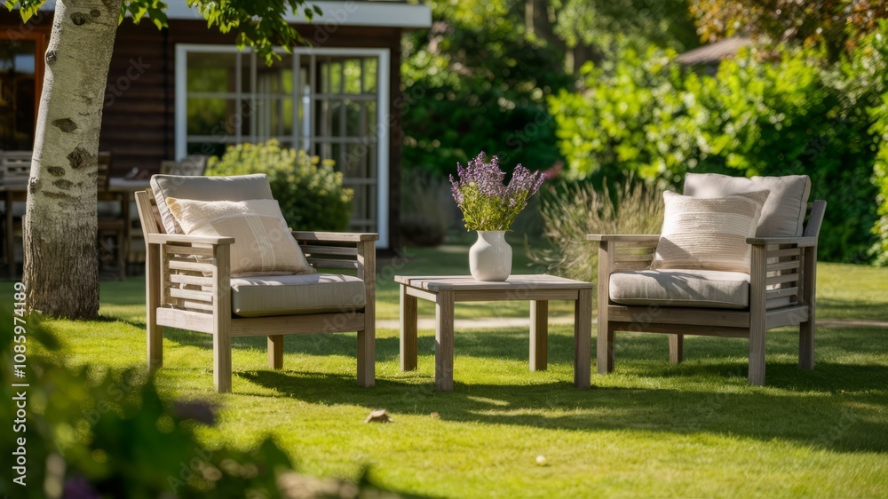 Serene Garden Scene: A meticulously landscaped garden with wooden outdoor furniture. The scene captures tranquility, the beauty of nature. Serene Garden Scene: A meticulously landscaped garden with wooden outdoor furniture. The scene captures tranquility, the beauty of nature.