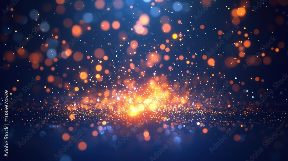 Fototapeta premium Abstract glowing Christmas light burst with a gradient from neon orange to neon silver, softly illuminated on a midnight blue canvas, perfect for holiday celebration themes