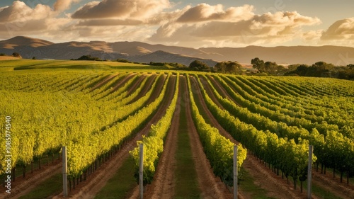 Wallpaper Mural Vineyard Panorama: A breathtaking, expansive view of a vineyard, rows of lush grapevines stretching towards distant mountains under a golden sky. Torontodigital.ca