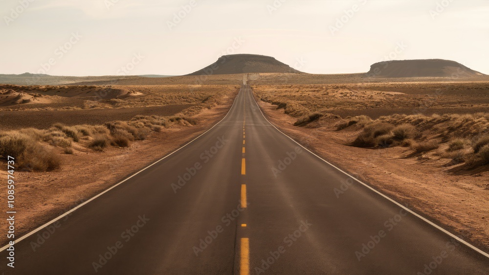 Fototapeta premium Open Road to Horizon: An endless asphalt road stretches into the horizon, cutting through a vast, arid desert landscape under a pale sky. This evocative image captures the sense of freedom.