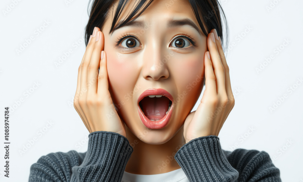 surprised woman with wide eyes and open mouth, expressing shock. Her hands are on her face, showcasing strong emotional reaction. Perfect for conveying surprise or astonishment surprised woman with wide eyes and open mouth, expressing shock. Her hands are on her face, showcasing strong emotional reaction. Perfect for conveying surprise or astonishment