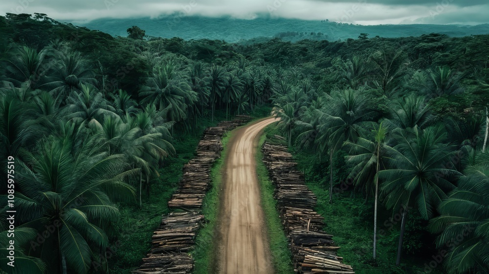 Fototapeta premium Uncharted Path Through Tropical Rainforest: A winding dirt road disappears into the depths of a lush tropical rainforest, with towering palm trees flanking the path.