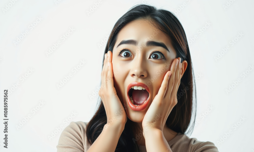 Surprised woman with wide eyes and open mouth expressing shock. Her hands are on her cheeks, showcasing strong emotional reaction. Perfect for conveying surprise or excitement Surprised woman with wide eyes and open mouth expressing shock. Her hands are on her cheeks, showcasing strong emotional reaction. Perfect for conveying surprise or excitement