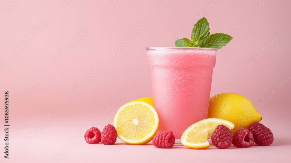 Refreshing Raspberry Lemonade Slush in Pink Background Refreshing Raspberry Lemonade Slush in Pink Background